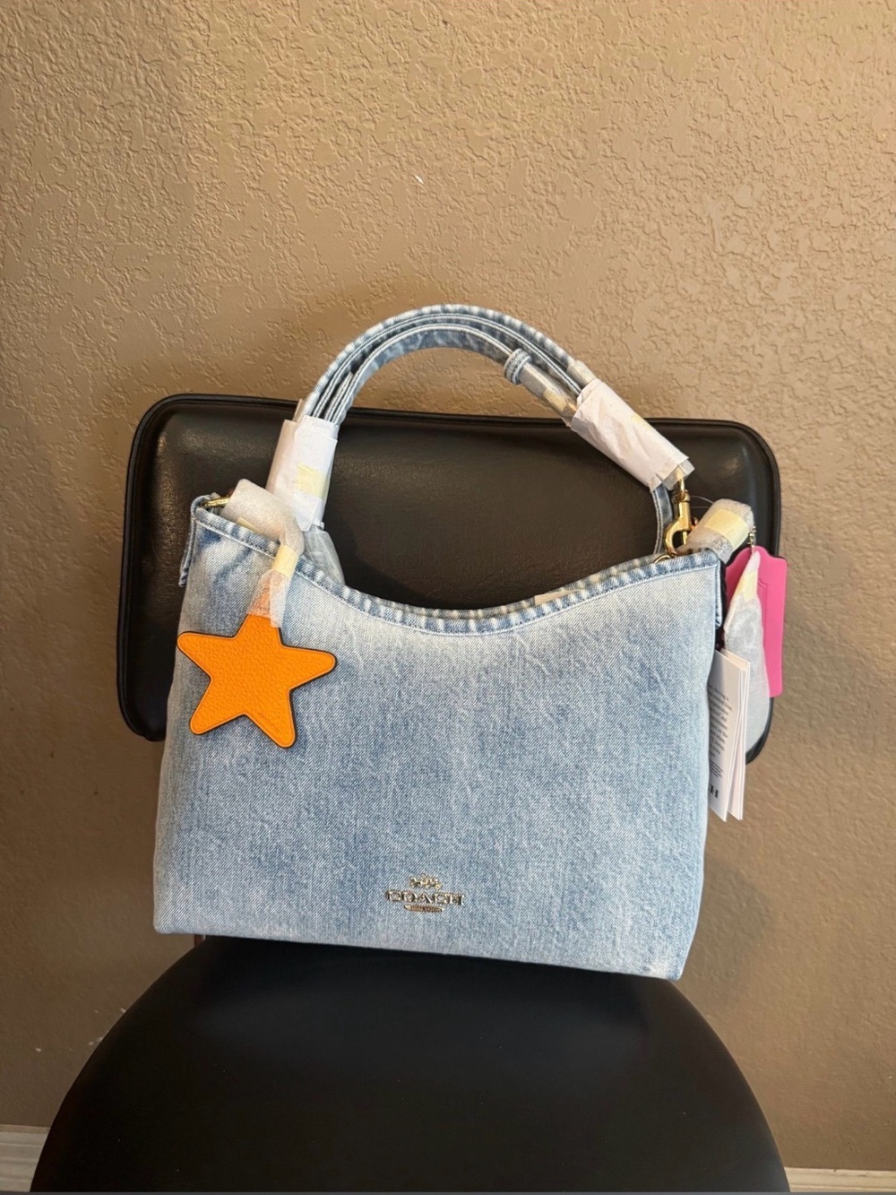 Coach Laurel Light Blue Denim Shoulder Bag with Orange Star Charm